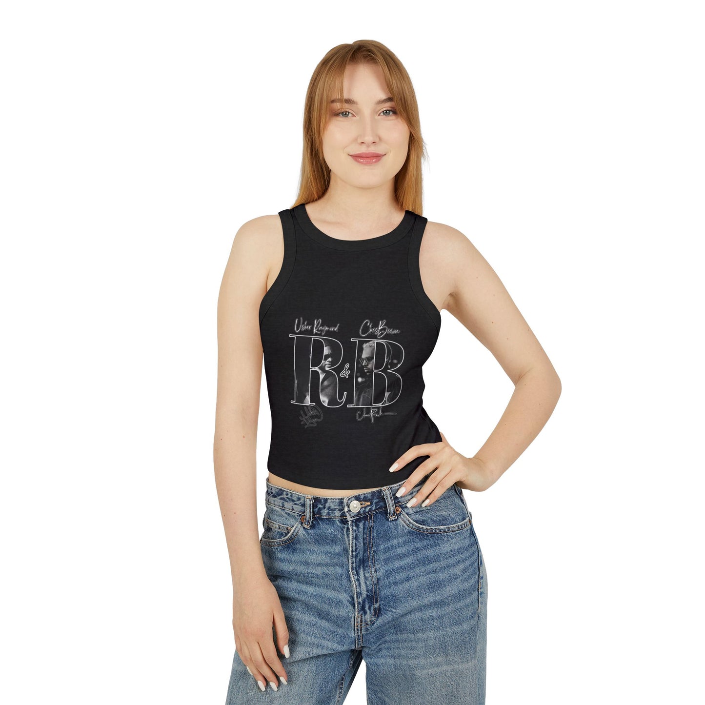 R&B Graphic Tank Top — Women's Micro Rib Racer Crop with Retro Typography