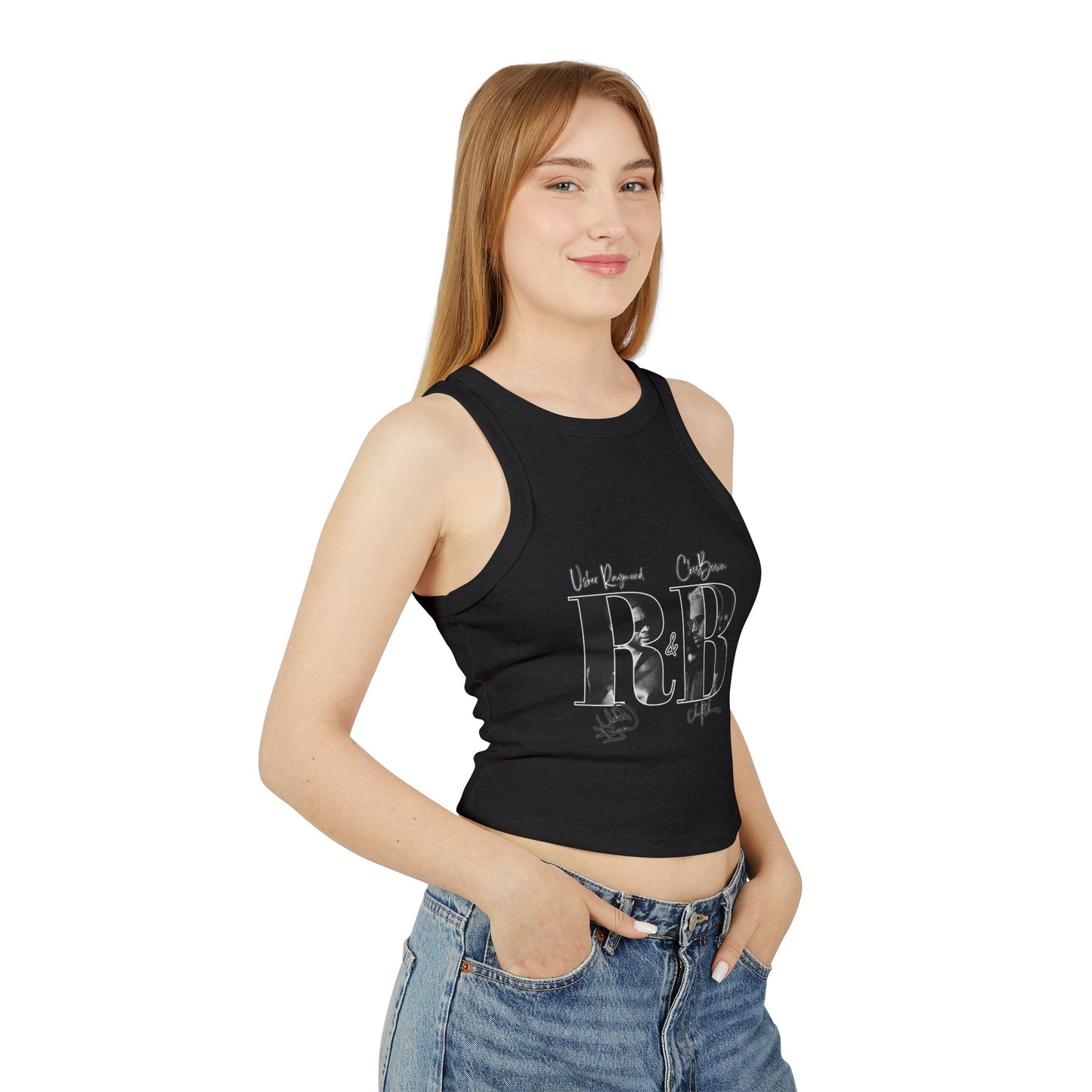 R&B Graphic Tank Top — Women's Micro Rib Racer Crop with Retro Typography